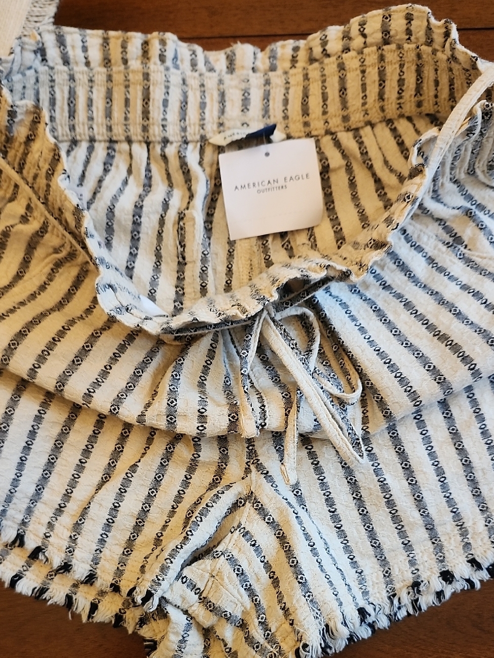 American Eagle Outfitters Cream & Navy Striped Ruffle Tie-Front Top